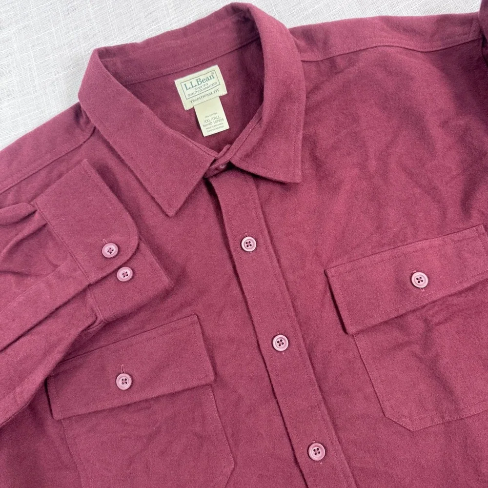 LL Bean Flannel Shirt Men XXL Tall Burgundy Cotton Utility Cabin Outdoor Fall